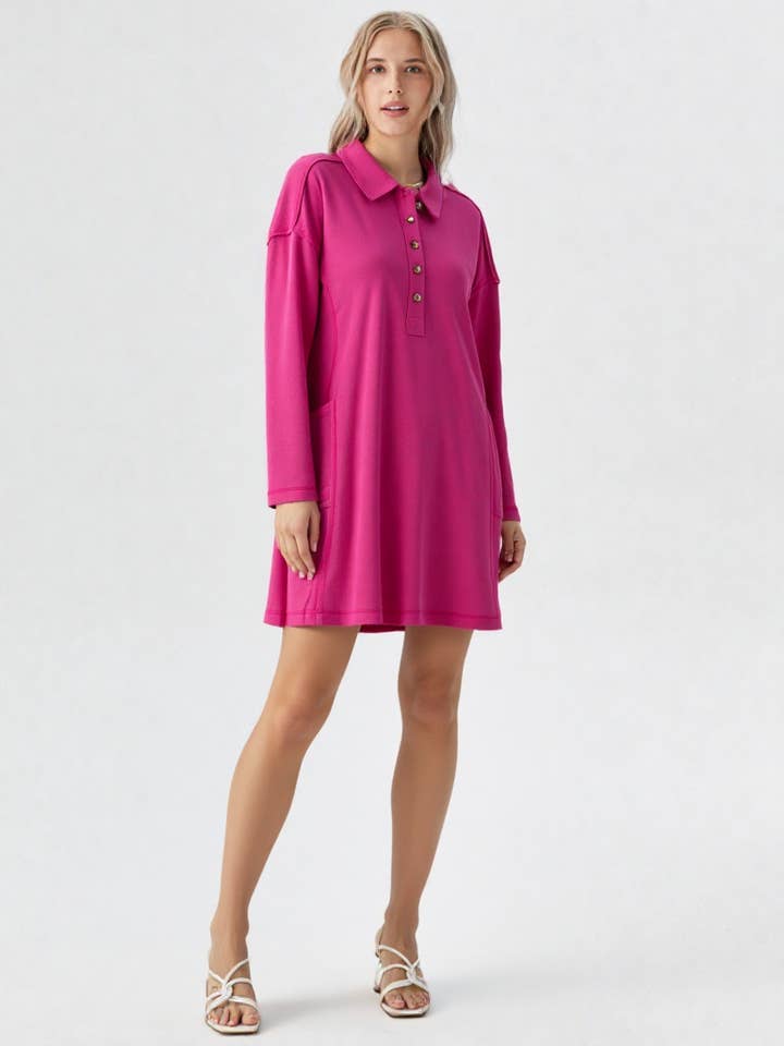VERY J - Wholesale Dress - Women's - ND31005-Casual Shirt Collared Knit Henley Mini Dress2