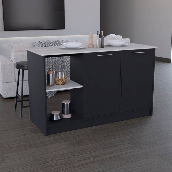 Îlot de cuisine Coral, 6 étagères, armoire à 2 portes, noir/onyx pour la vente par Depot E-Shop