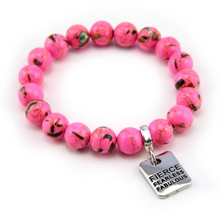 PINK COLLECTION - Hot Pink Synthesis 10mm Bead Bracelet - Silver Word Charms for wholesale by Sister & Soul