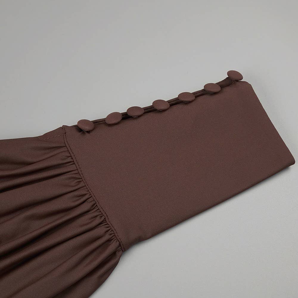 DR316 Elegant Chocolate Gathered Waist Maxi Dress for wholesale on Faire8