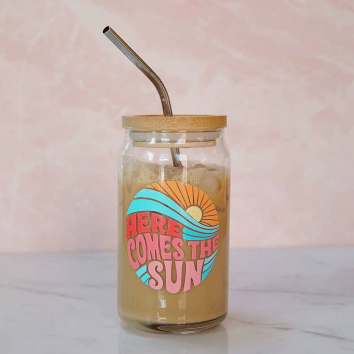 Here Comes the Sun Can Glass for wholesale by Forest Cove Home