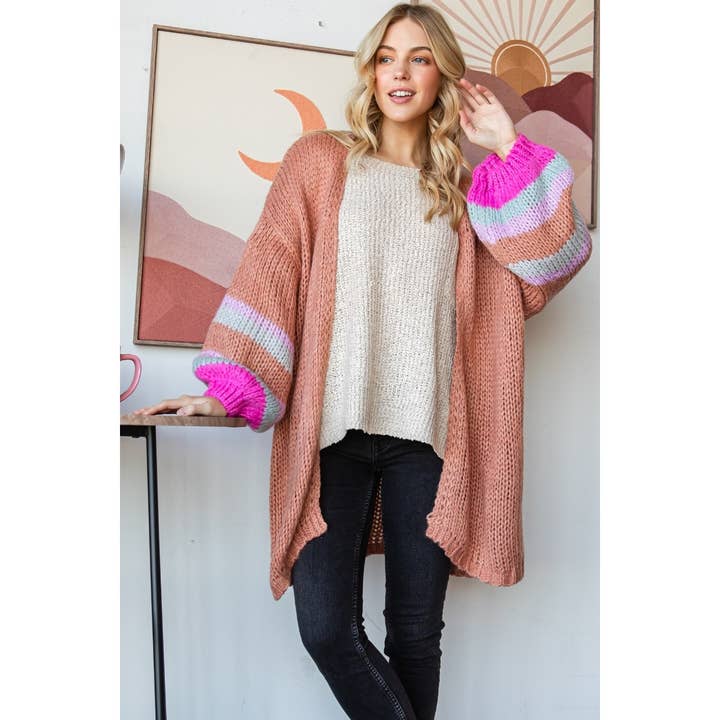 Stripe Sleeve Long Cardigan for wholesale by Veveret