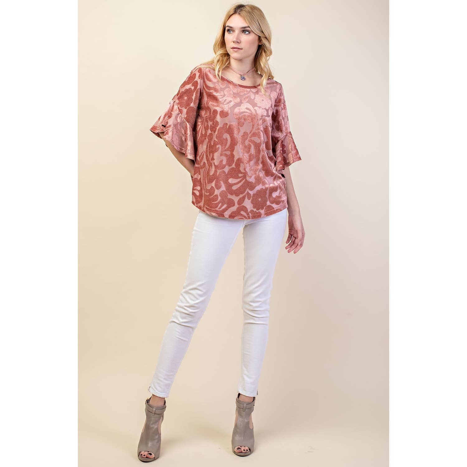 VOCAL - Wholesale Blouse - Women's - VELVET RUFFLE SLEEVE KNIT TOP18