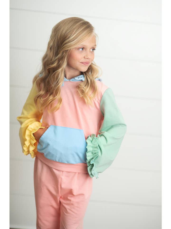 Oopsie Daisy - Wholesale Top & Pant Set - Kids - Kids Pastel Color Block Hooded Ruffle Pocket Fall Lounge Set3