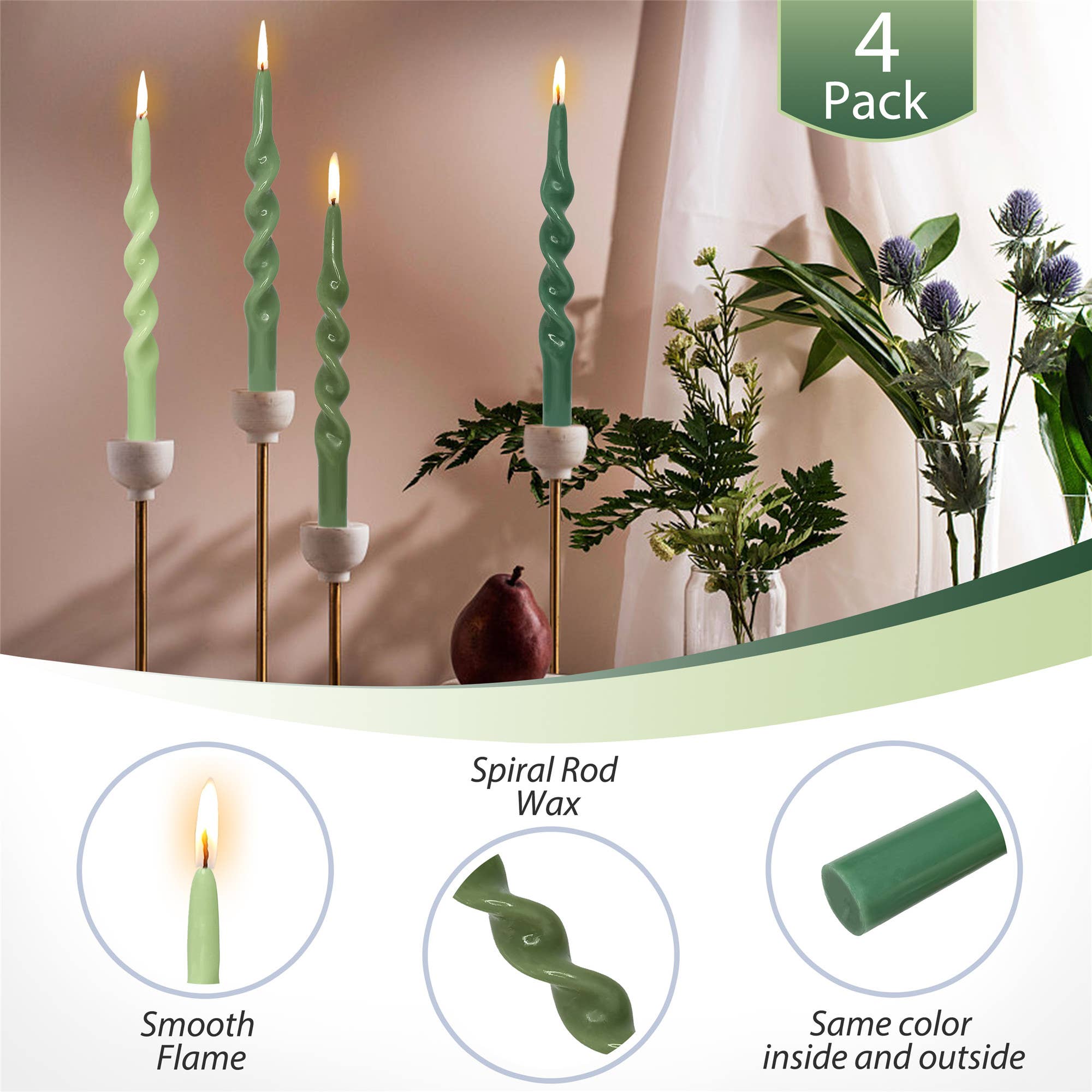 Candles Meta – Großhandel Konische Kerze/Kerzenhalter – Grünes Set mit 4 handgefertigten spiralförmigen Festtagskerzen mit Farbverlauf3