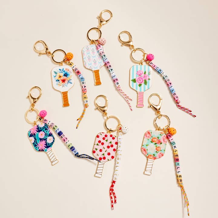 Pickleballer Beaded Paddle Ball Bag Charm Keychain for wholesale by Verita Lane