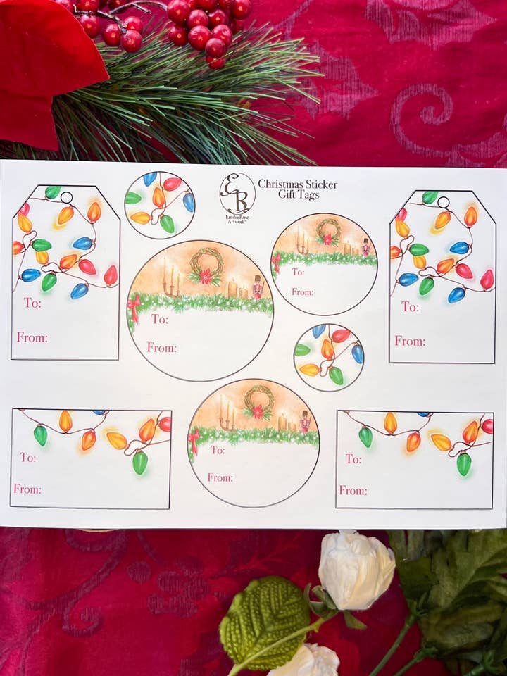 Watercolor Christmas Lights Gift Tag Sticker Sheet for wholesale by Emilia Rose Artwork LLC