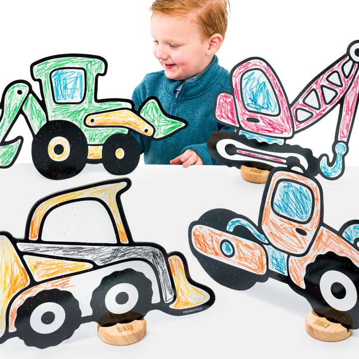 Construction Companion Color & Play Set | 12 Pack | Backhoe, Crane, Skid Steer, and Steamroller for wholesale by Doodleface