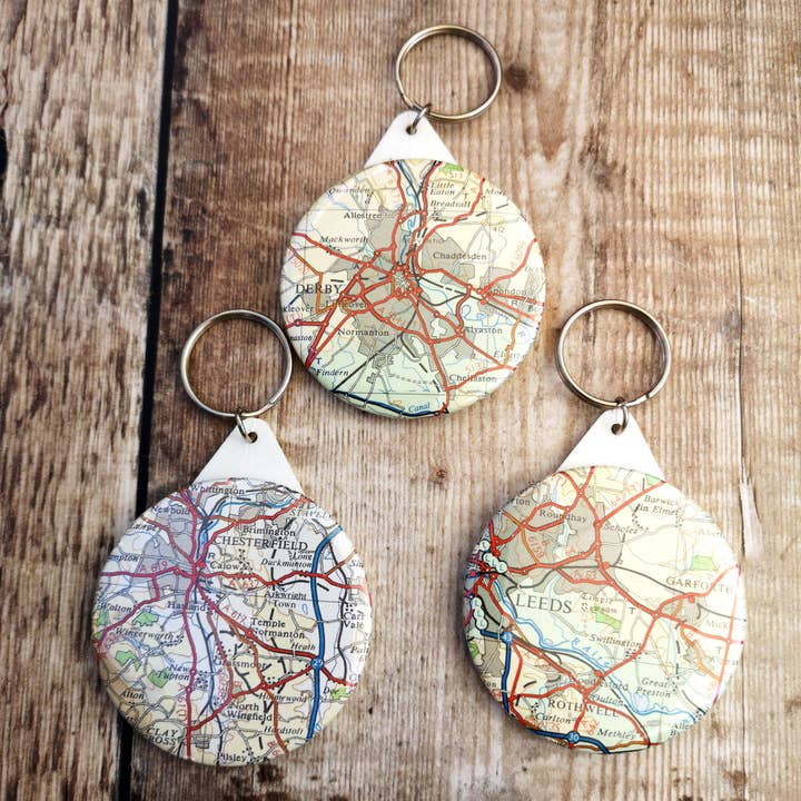 Map Keyrings (Derby, Chesterfield, Leeds and Sheffield) for wholesale by Dukki Gifts