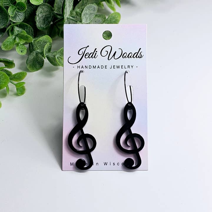 Jedi Woods LLC - Wholesale Dangle Earrings - Black Treble Clef Music Earrings with Hoops, Gauge Friendly