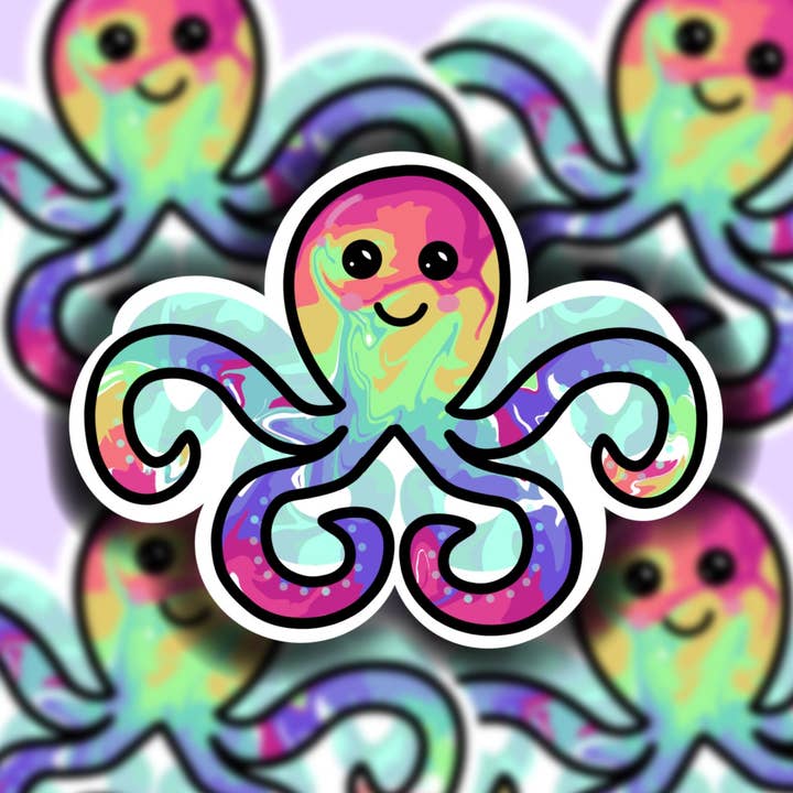 Buzz Tie Dye Creations - Vente Autocollant - Autocollant en forme de poulpe, Tie Dye/Rainbow (normal ou mini), imperméable, autocollant pour ordinateur portable, joli autocollant, autocollant pour voiture, autocollant résistant aux intempéries0