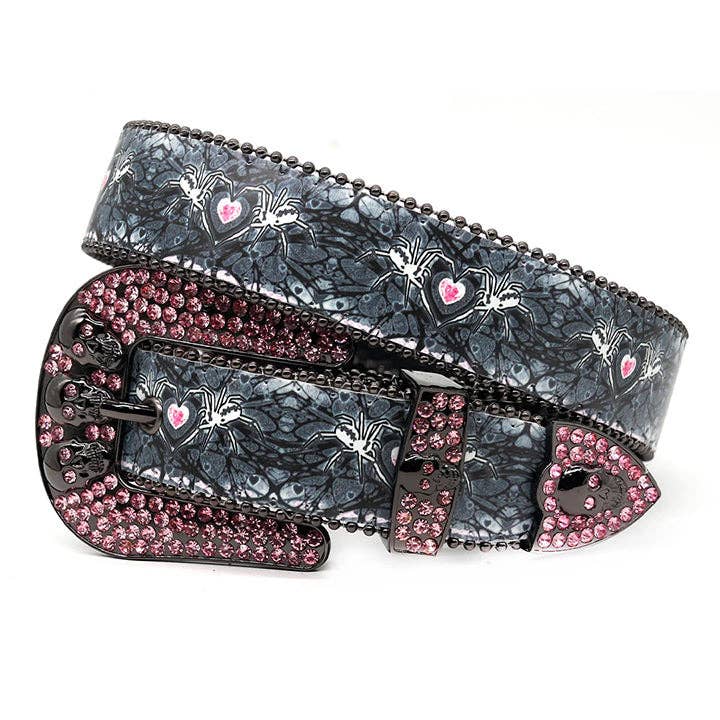Black Skull Buckle Spider Strap Belt with Pink Studded Rhinestones for wholesale on Faire