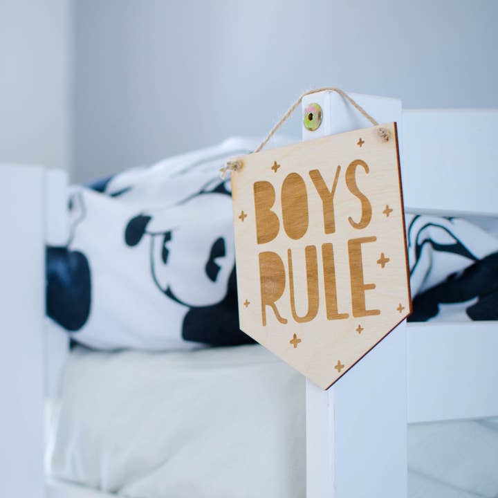 Boys Rule wooden laser engraved banner sign for wholesale by Birch and tides
