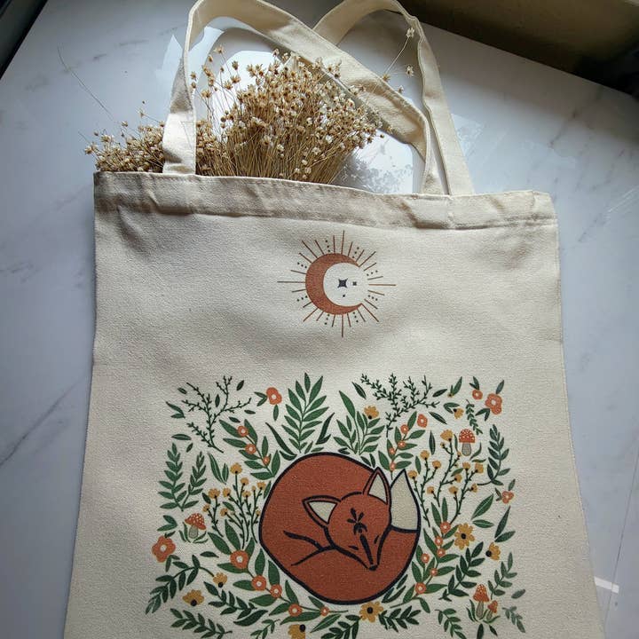 Foxy Method - Wholesale Tote Bag - Women's - Eco Friendly Whimsical Cottagecore Fox Floral Tote Bag1