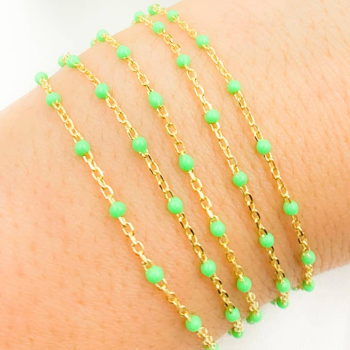 V203GRGP. Gold Plated Sterling Silver Enamel Green Color Cable Chain for wholesale by Jewels & Chains