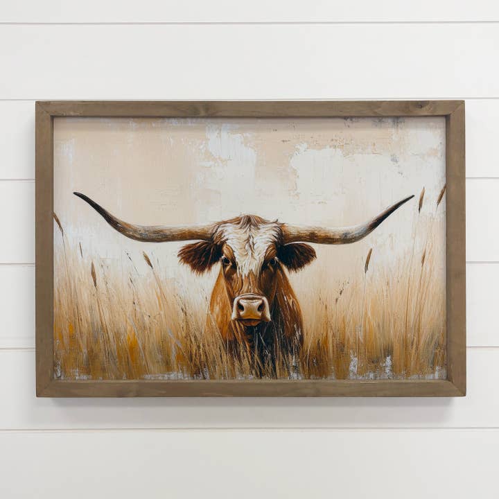 Long Horn Cow Texas Grass - Långhorn Ko Canvastonst - Ram för wholesale av Hangout Home