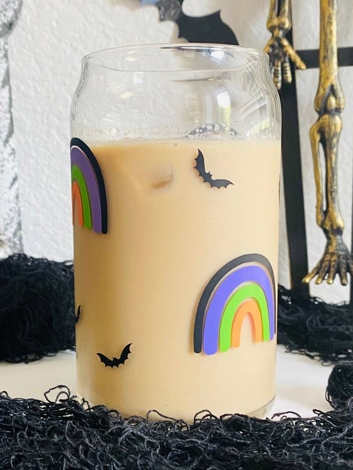 Halloween Multi-color Rainbows & Bats 16 oz. glass can cup for wholesale by Will + Vivi
