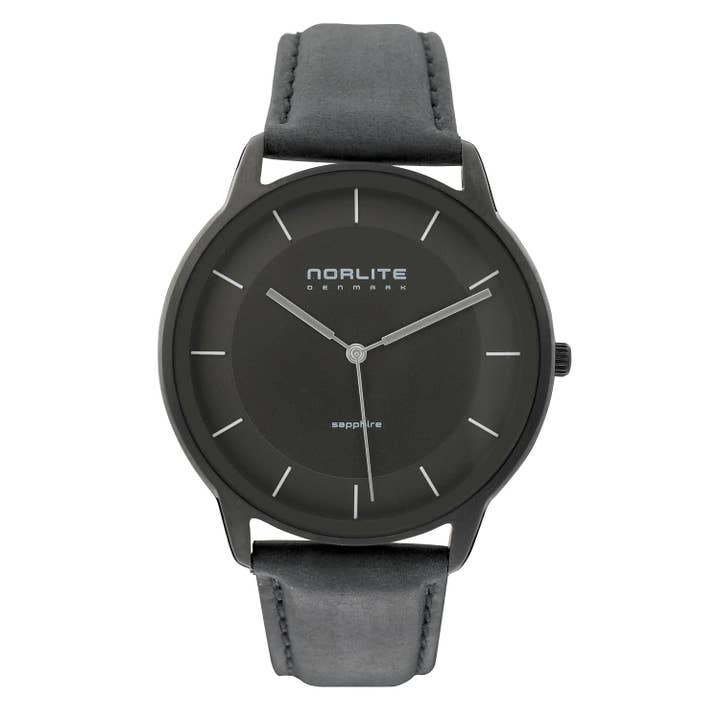 Reloj hombre negro con correa de piel y cristal de zafiro para venta al por mayor de Norlite Denmark