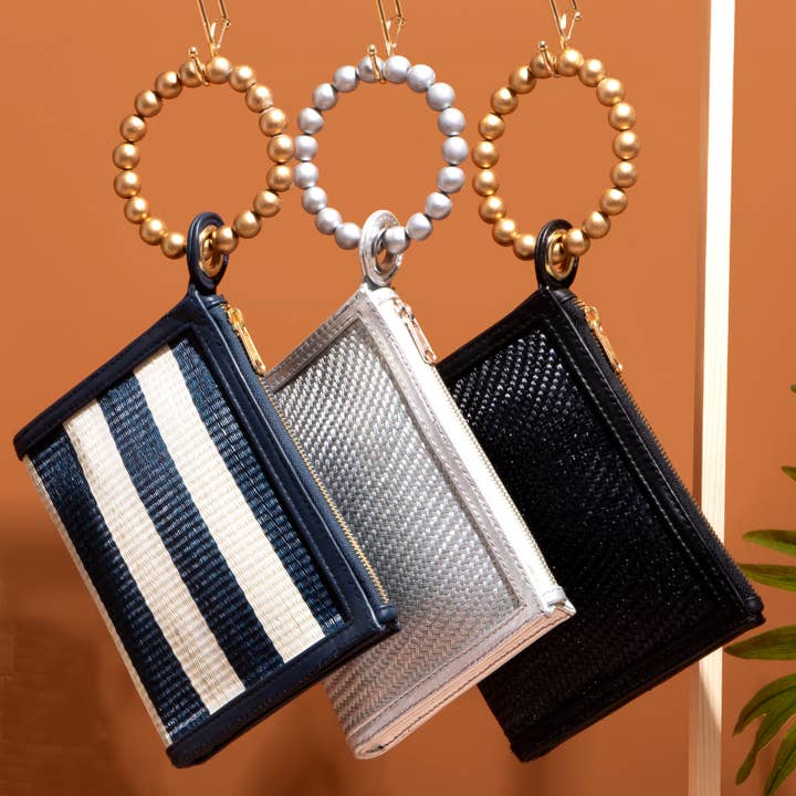 Soli & Sun - Wholesale Wristlet - Navy Blue Stripe Woven Straw Wristlet Pouch | Summer Style