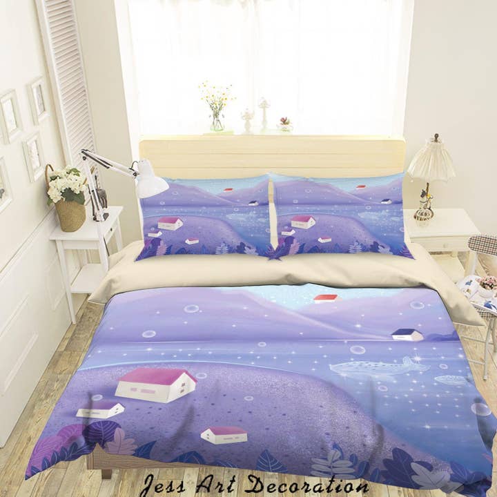Set copripiumino con copripiumino e federe per letto con copripiumino casa sul lago collina viola cartone animato 3D A614 LQH per la vendita all'ingrosso da parte di Jess Art Decoration