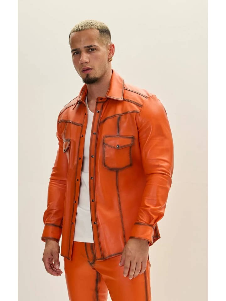 TEINTE ORANGE Chemise pour homme en cuir d'agneau véritable teintée orange en vente sur Faire4