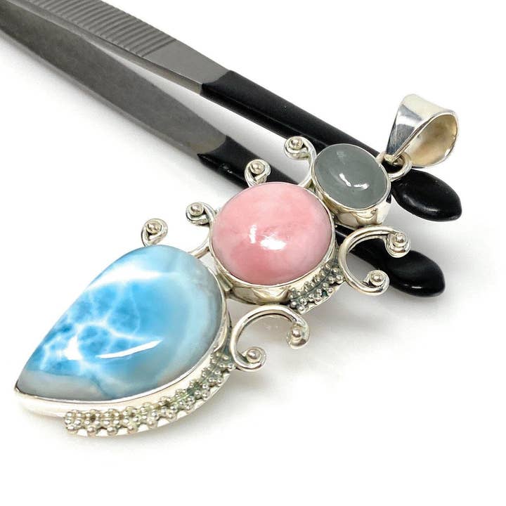 Gemstone Pendant - Larimar, Aquamarine and Pink Opal, Wire Wrapped Pendant, Silver Jewelry Gifts for Her, Bohemian Jewelry for wholesale by Akstar Gems
