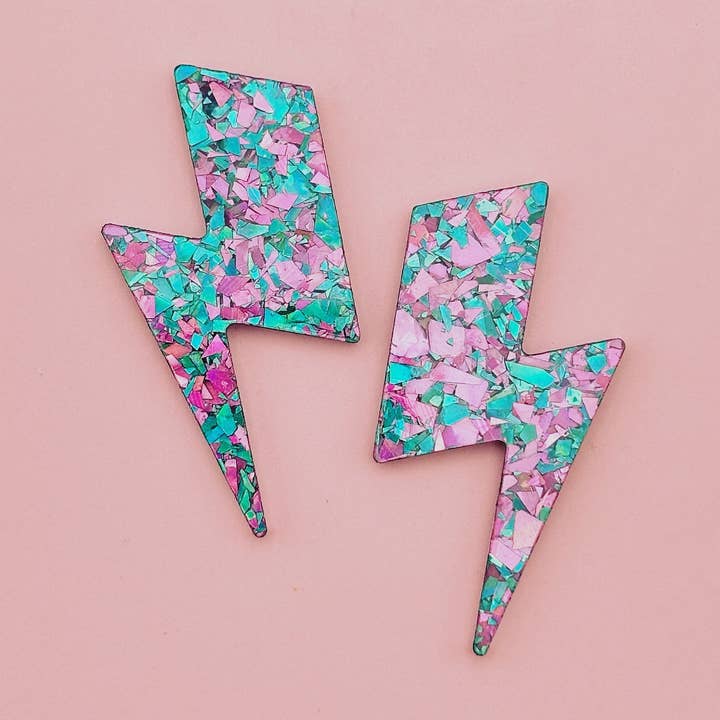 Maxi Glitter Lightning Bolt Earrings Green / Purple for wholesale by Studio Annette