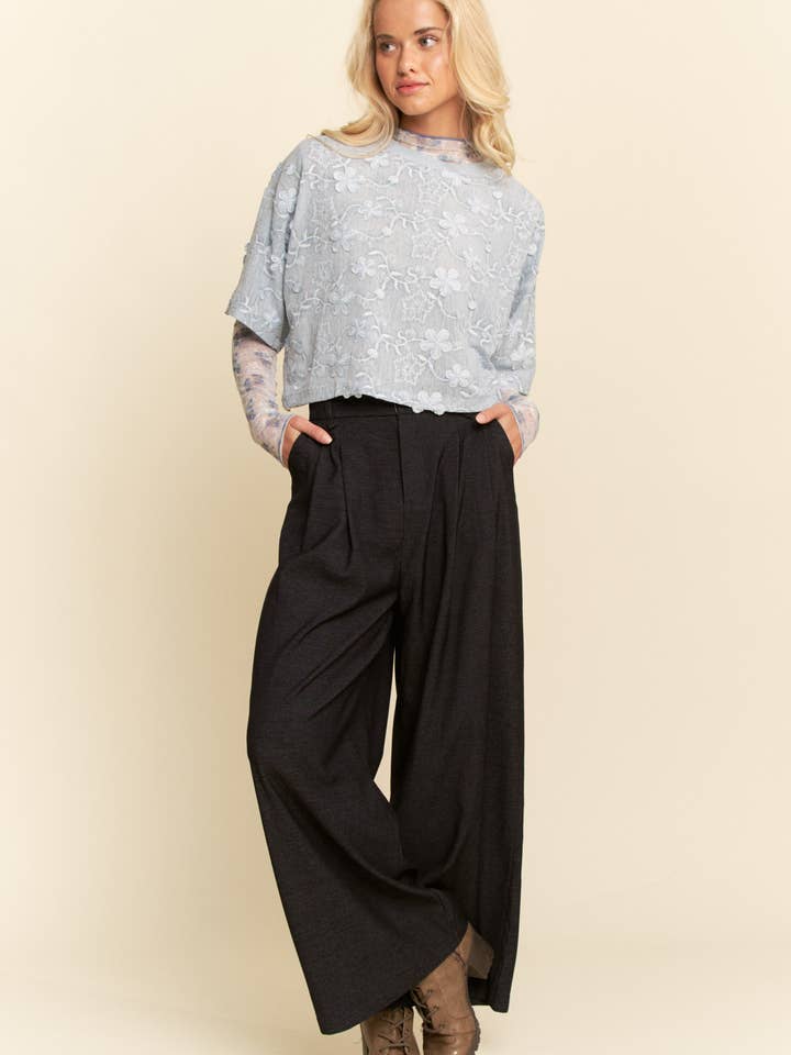 Blue FLORAL RUFFLE SHORT SLEEVE BABYDOLL MESH TOP for wholesale on Faire4