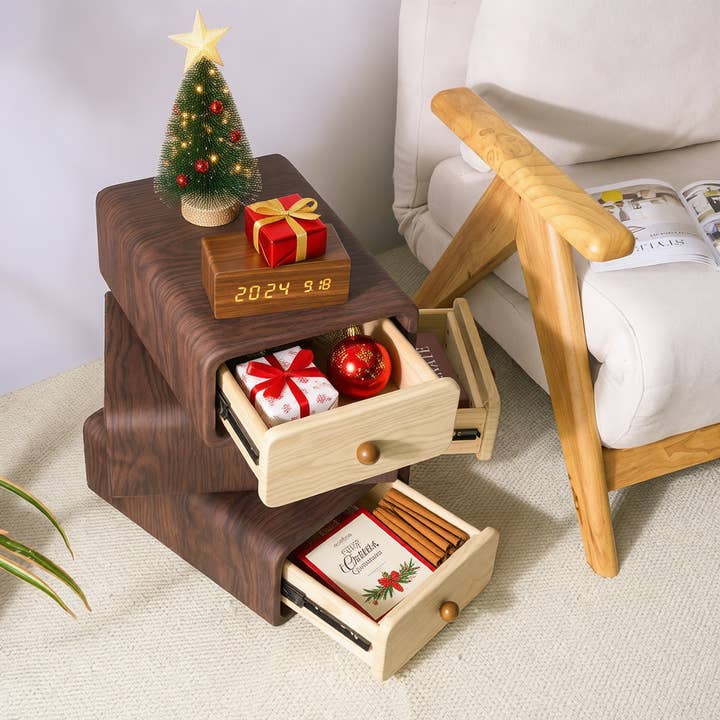 EP Design Lab - Vente Armoire - Table de chevet en bois massif rotatif à 360° avec 3 tiroirs2