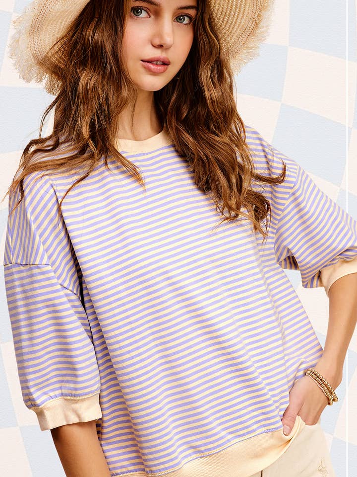 MCT7688-Loose Fit Striped Short Sleeve Crew Neckline Top for wholesale by La Miel