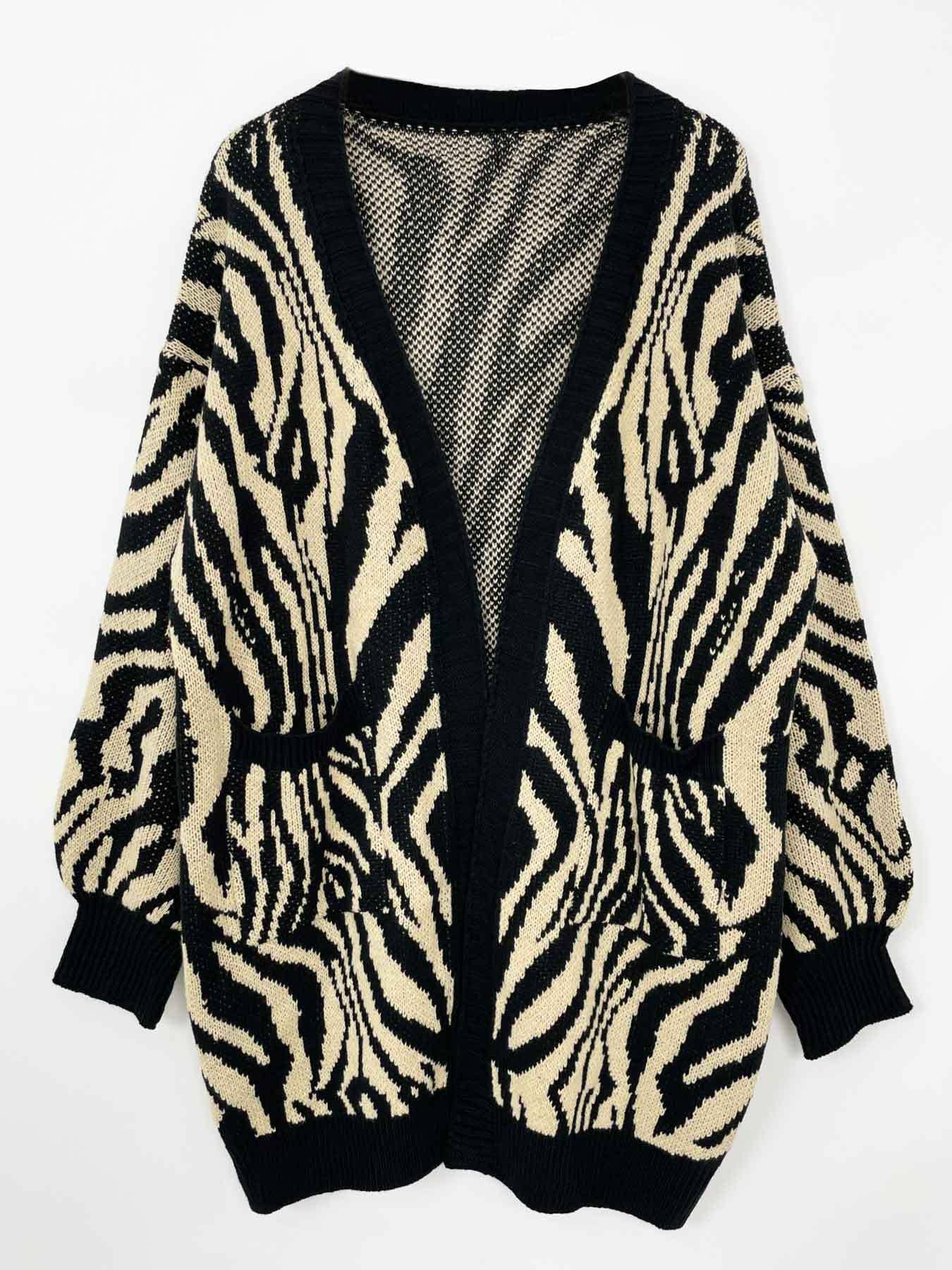 BLACK V-neck zebra print long unbuttoned cardigan for wholesale on Faire6