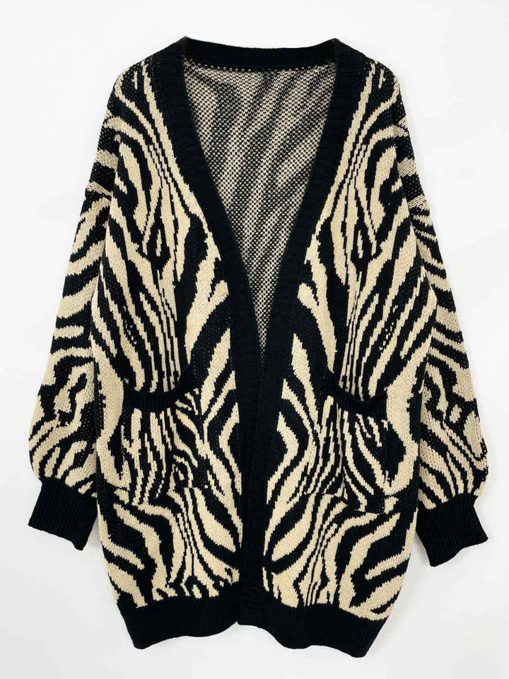 BLACK V-neck zebra print long unbuttoned cardigan for wholesale on Faire6
