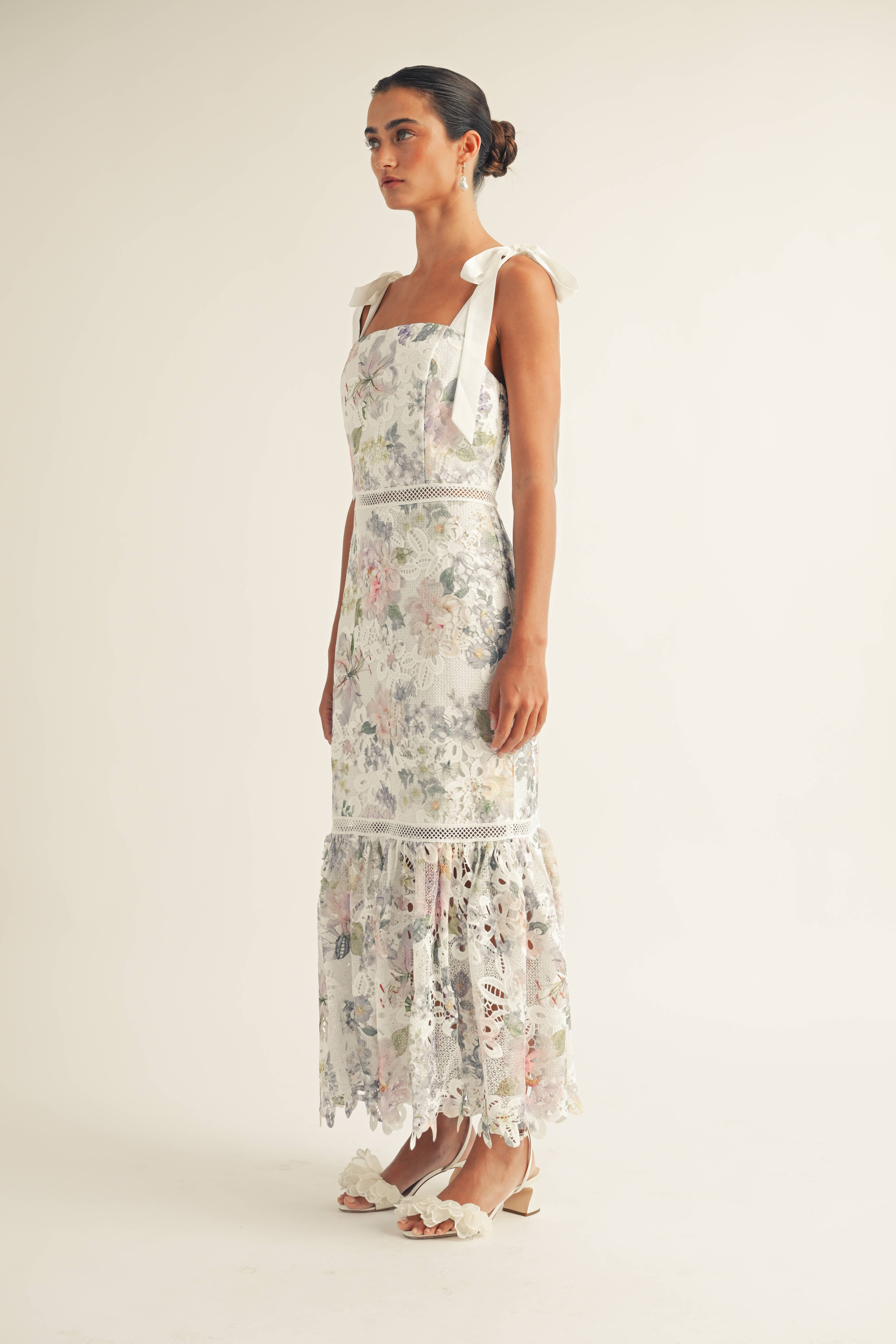 Blanc Multi Robe midi sirène en dentelle sans manches avec nœud Madison en vente sur Faire1