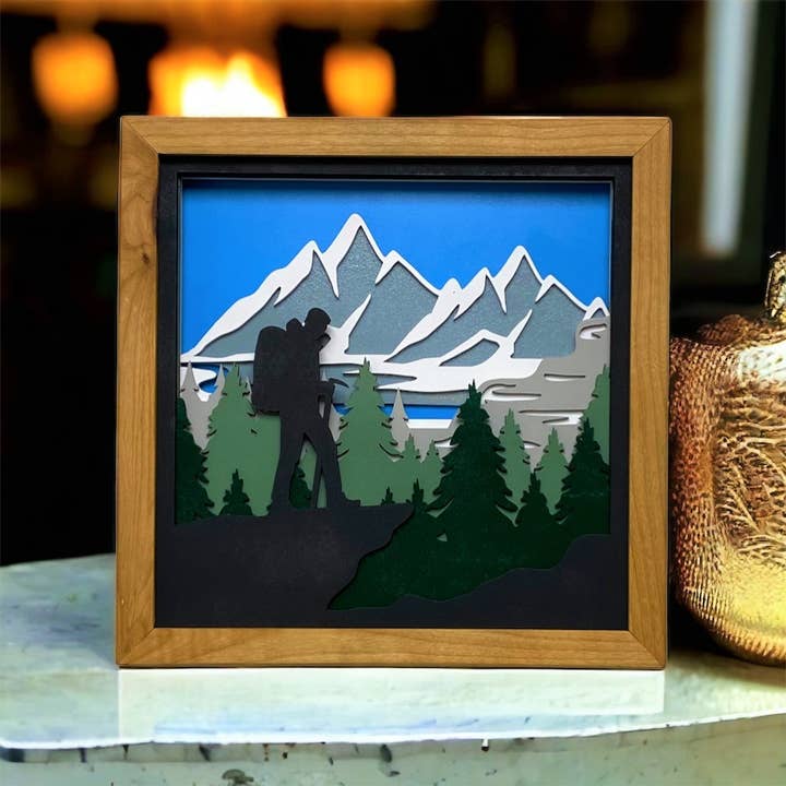 Dusty Square Designs - Wholesale Wall Accent - 3D Layered Hiker Mountain. Mountain Landscape. Wall Decor