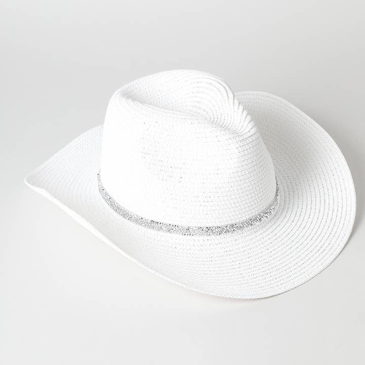 Fashion City - Wholesale Cowboy Hat - Women's - Rhinestone Band Straw Panama Cowboy Hat