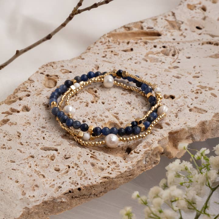 Mayana Designs Co - Wholesale Beaded bracelet - Set/3 Gem and Pearl Miyuki Stretch Bracelets (Lapis Lazuli)2