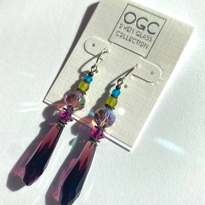 "PERSIAN COMMENT" AMETHYST PRISM GLASS + CRYSTAL EARRINGS for wholesale by Owen Glass Collection