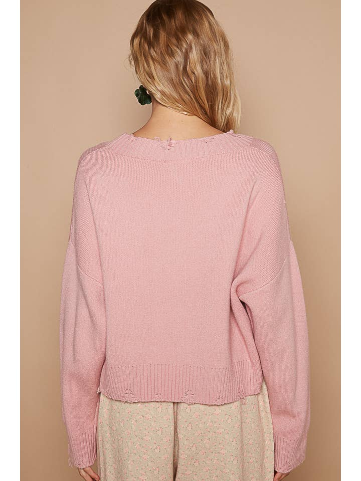 Pol Clothing - Wholesale Knit Sweater - Women's - Round neck long sleeve peace sign solid sweater SALE