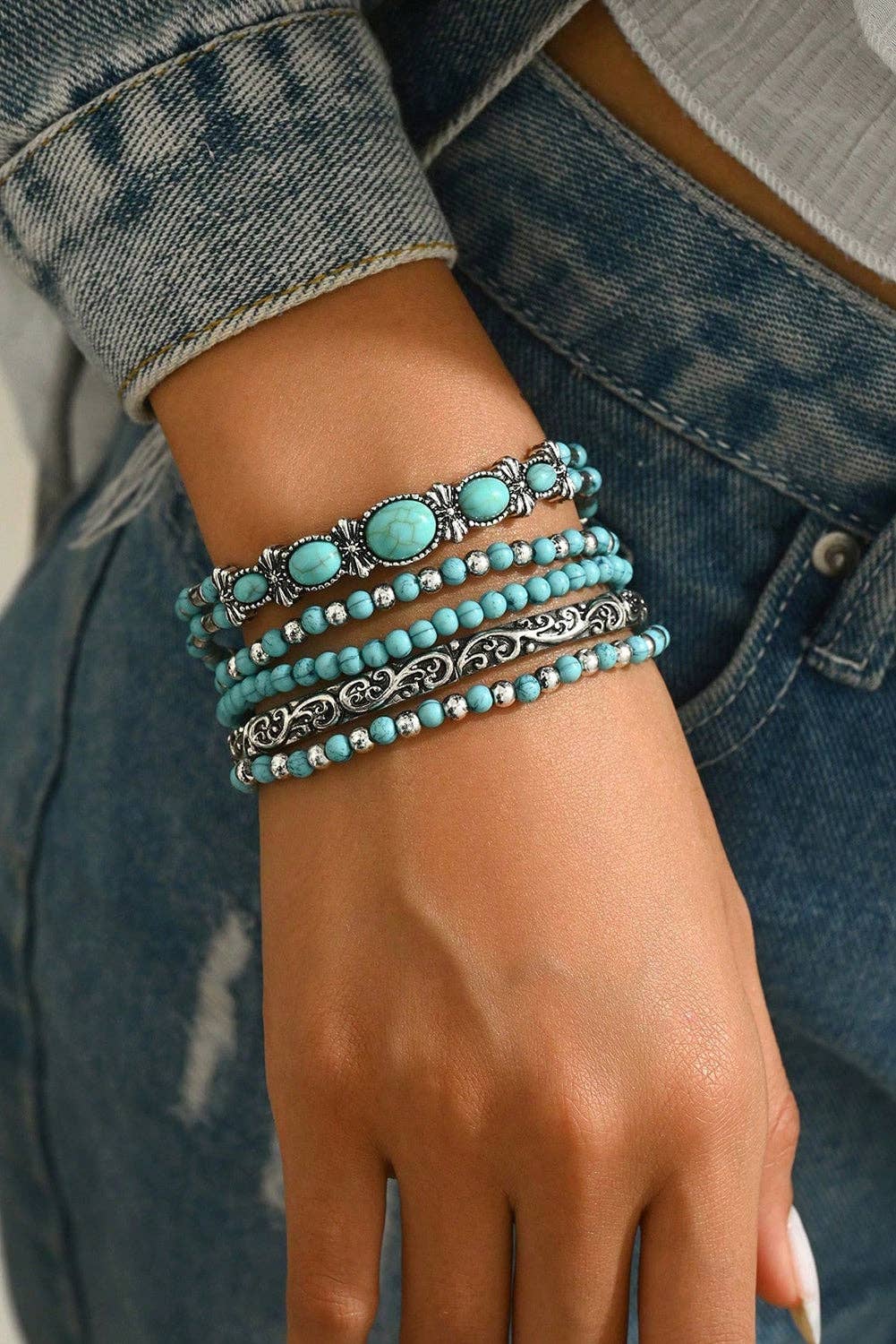Argenté Bracelet à cinq couches avec perles turquoise occidentales argentées en vente sur Faire2