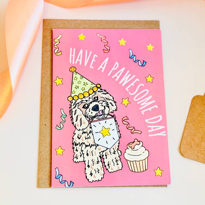 Pawesome Day Card| Dog Birthday Card| Pink Sticker Card for wholesale by Puntastic & Ho
