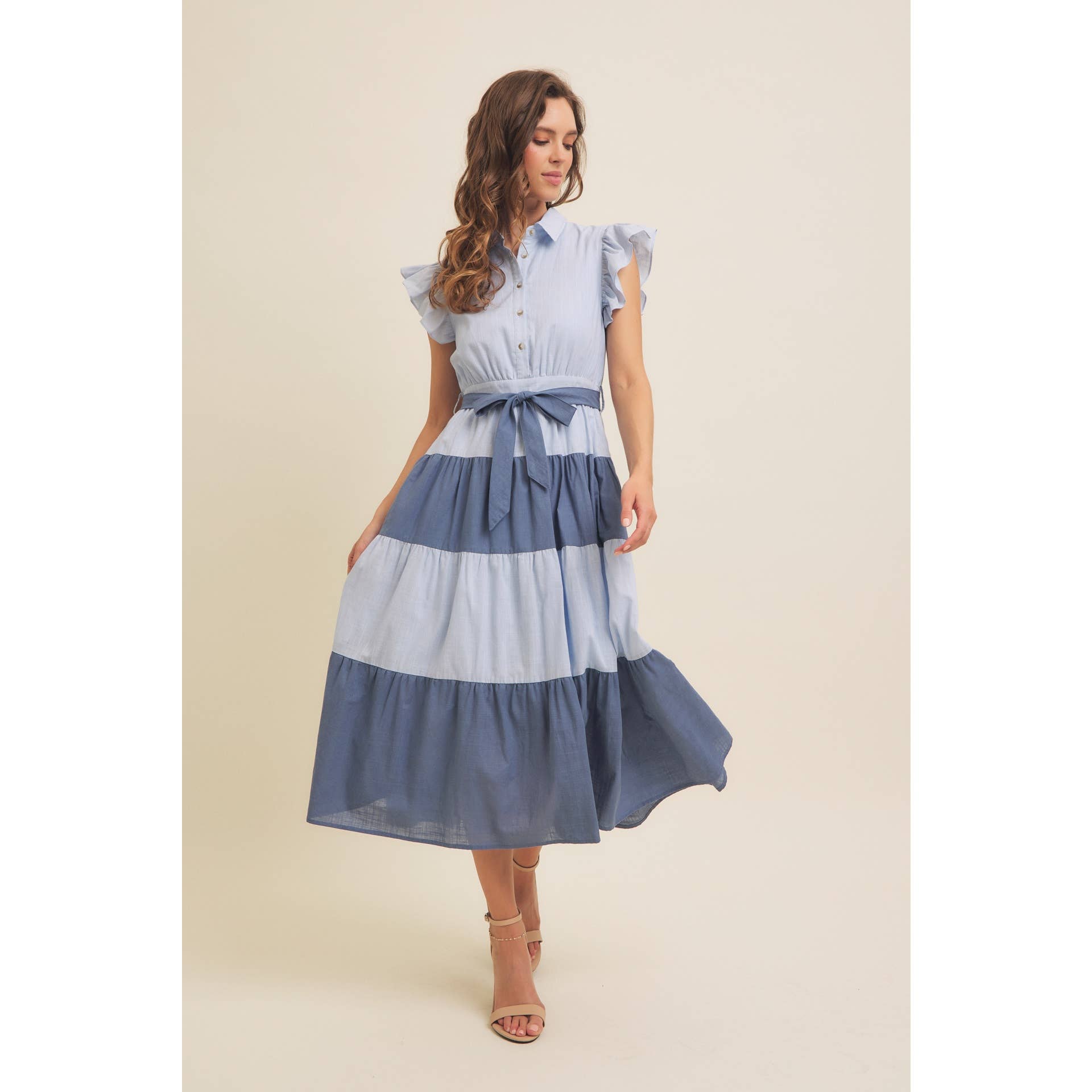 in february - Vente Robe – femme - ROBE MIDI EN COTON À BLOCS DE COULEUR AVEC VOLANTS ET CEINTURE À LA TAILLE10