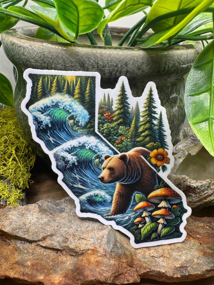 California Bear Forest Waves Mushrooms Matte Vinyl Decal for wholesale by California Dreaming Co