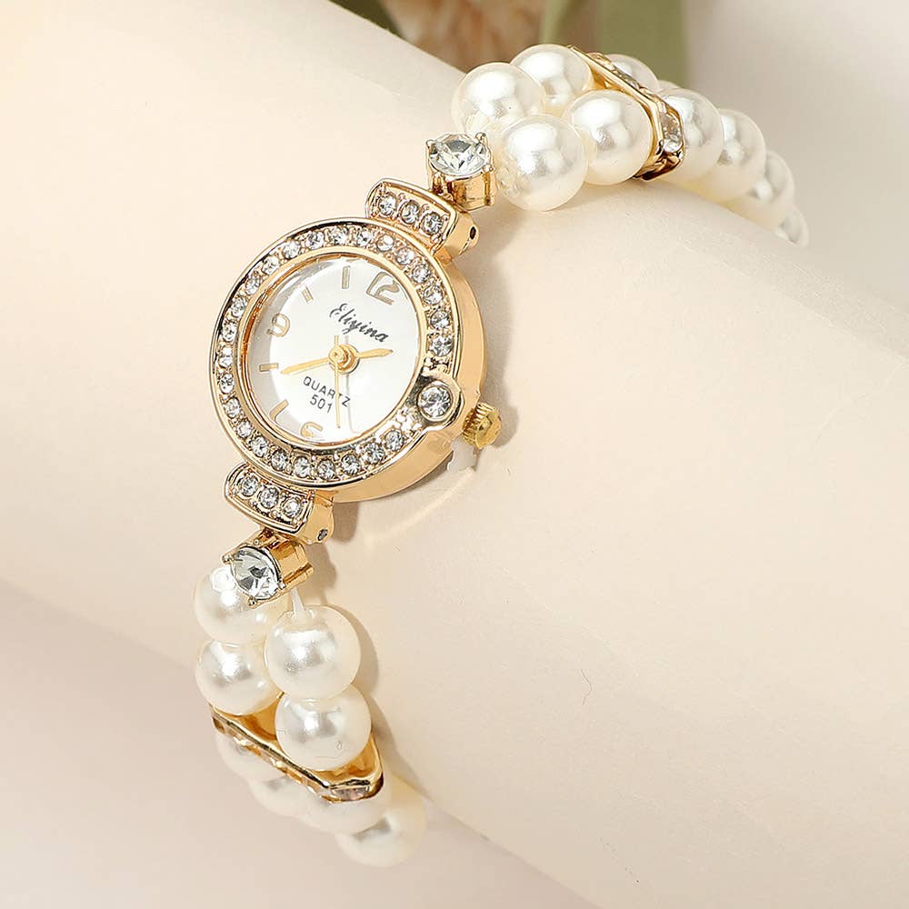 Sensibling Corp. - Wholesale Wrist Watch - Women's - SECRET BOX_Stainless Steel Stretchable Pearl Strap Rhinestone Paved Rim Quartz Watch0