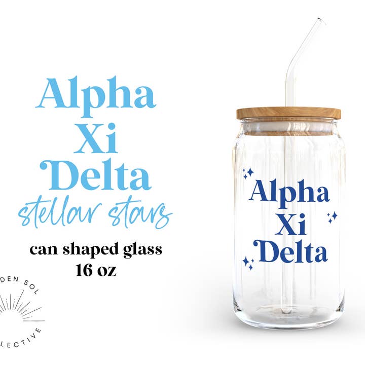 Alpha Xi Delta Stellar Stars Glasbecher mit Deckel und Strohhalm für den Großhandel von Golden Sol Collective