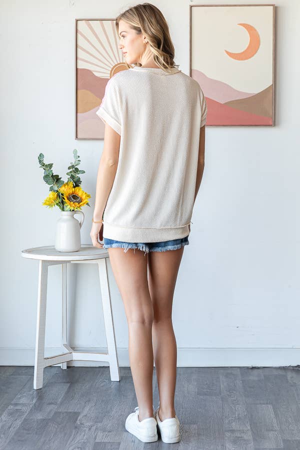 7th Ray - Wholesale Gebreide top - Dames - Kleurblok Gestructureerd Patchwork Korte Mouw Top T59449