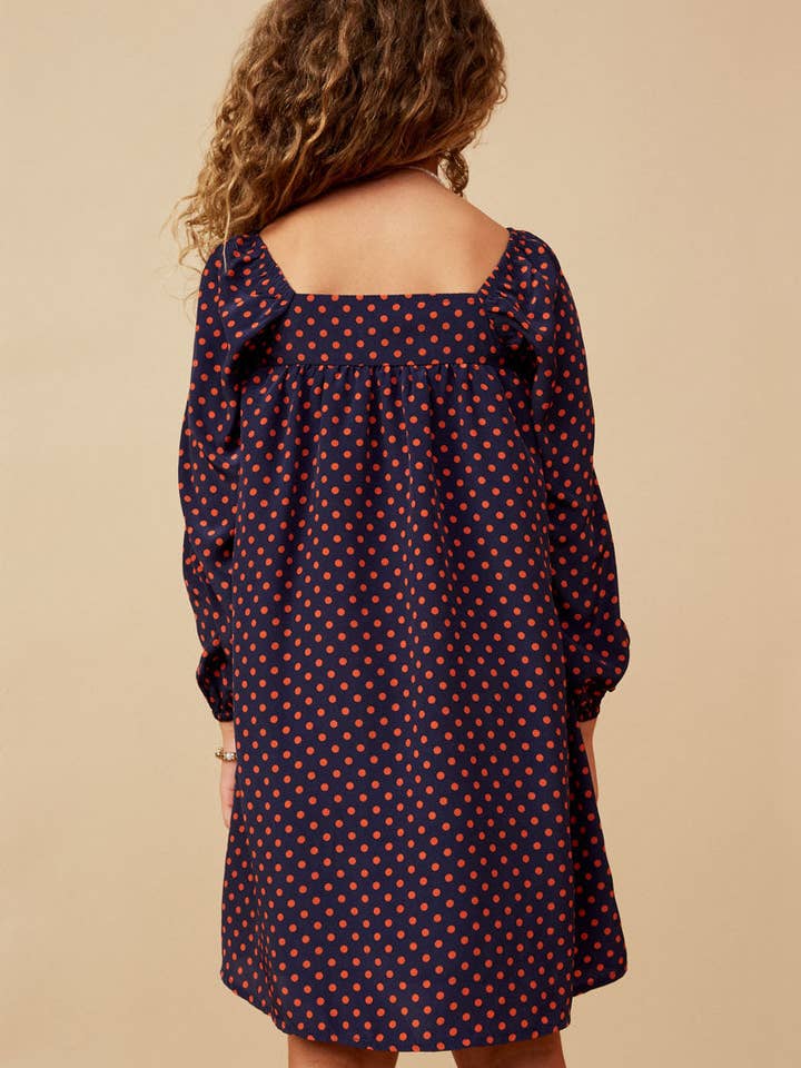 Navy Girls Polka Dot Print Square Neck Long Sleeve Dress for wholesale on Faire4