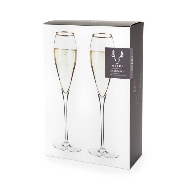 Viski - Wholesale Champagne Flute - Gold Rimmed Crystal Champagne Flutes Set of 21
