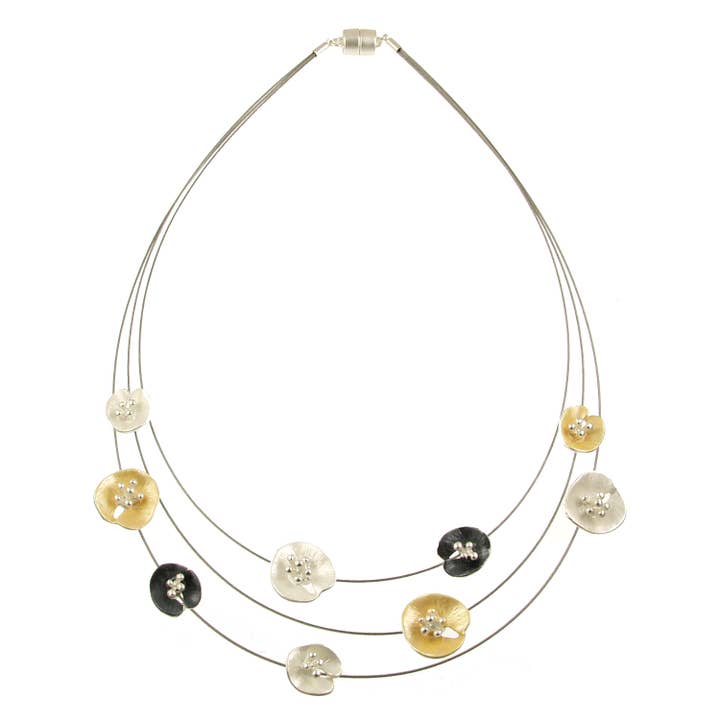 Origin Jewelry - Wholesale Pendant/Charm Necklace - Floral Lilypad Necklace, Three Strands, 18", Magnetic Clasp