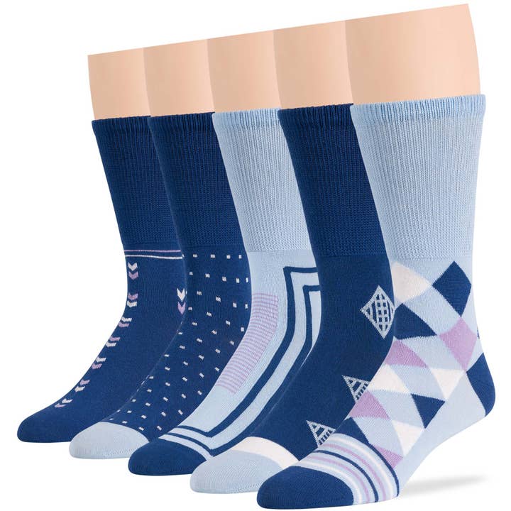Men's Cotton Diabetic Crew Dot, Argyle Socks - 5 Pack - Blue for wholesale by 7Bigstars Kingdom