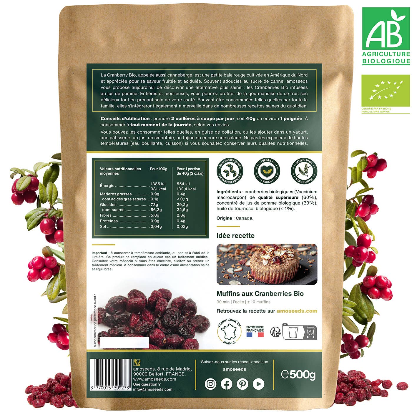 Amoseeds - Wholesale Dried/Dehydrated Fruit - Organic Whole Cranberries 500G1